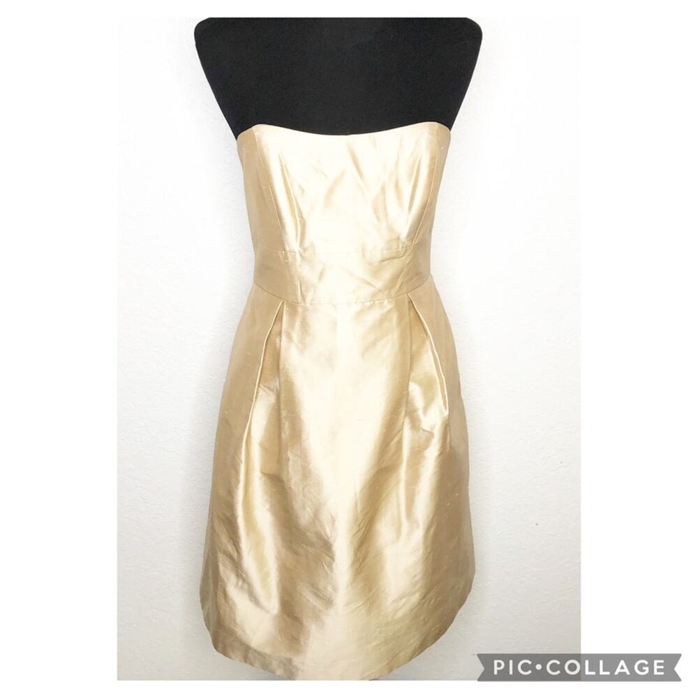 Jenny Yoo Collection gold metallic strapless silk dress size 4